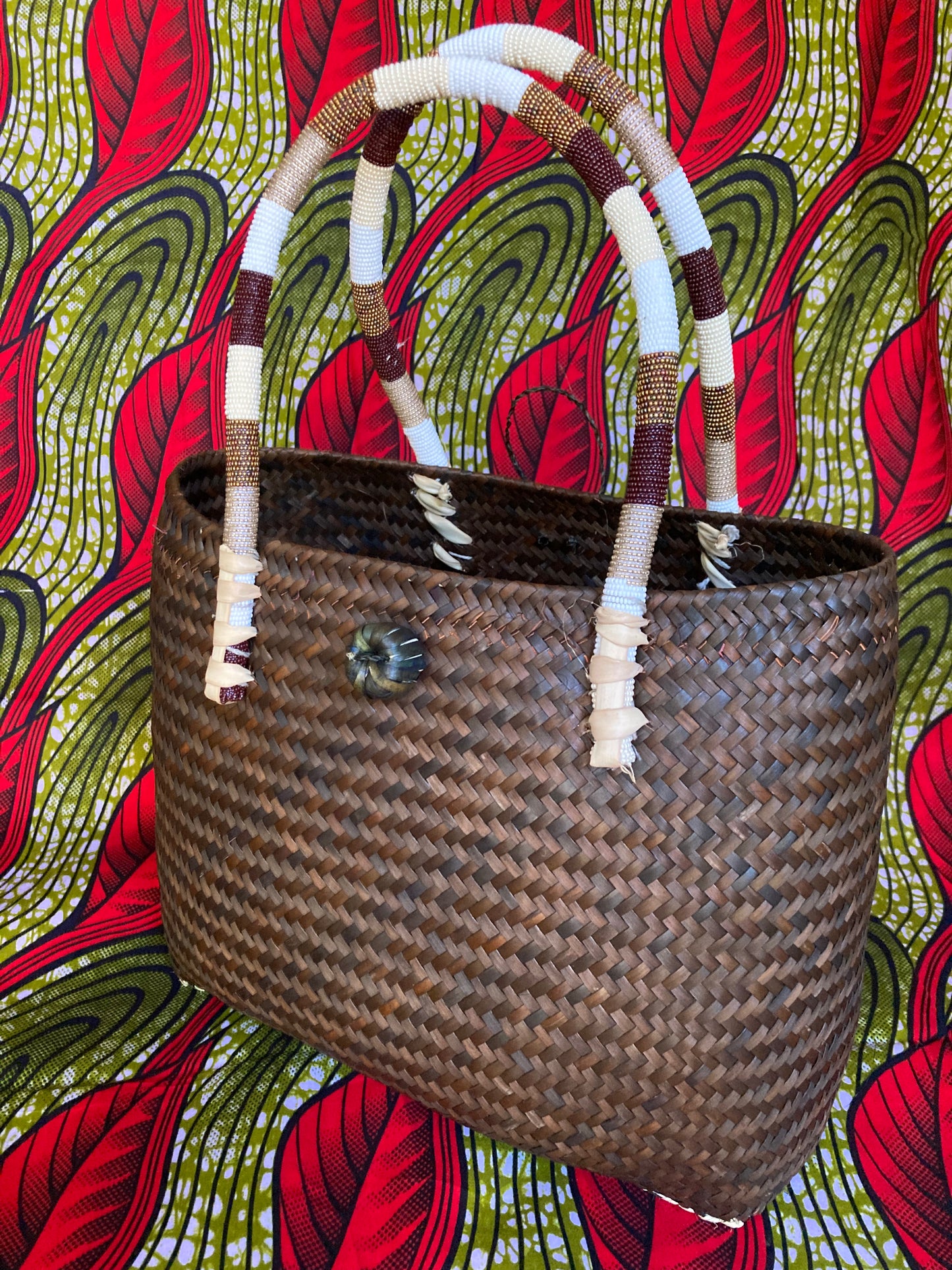 1-Brown Tub basket with beaded striped handles