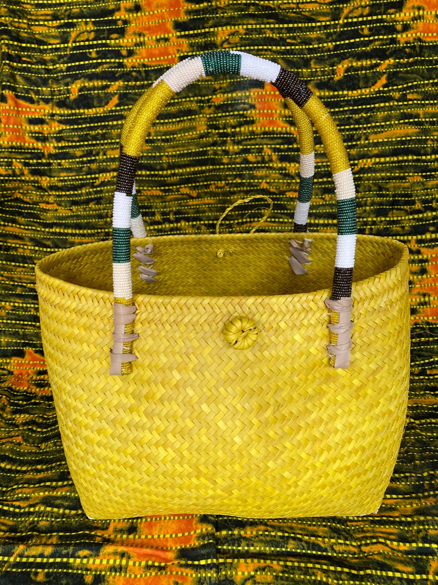 1 Yellow Tub basket with beaded striped handles