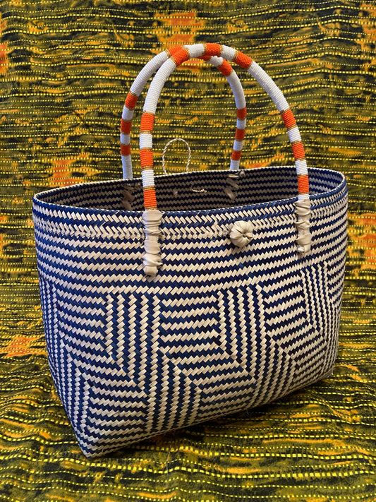 2-tone orange stripe beaded handle basket