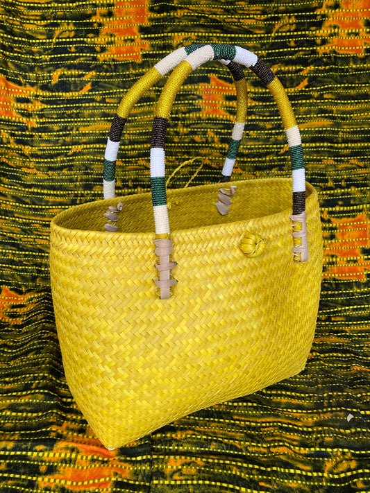 1 Yellow Tub basket with beaded striped handles