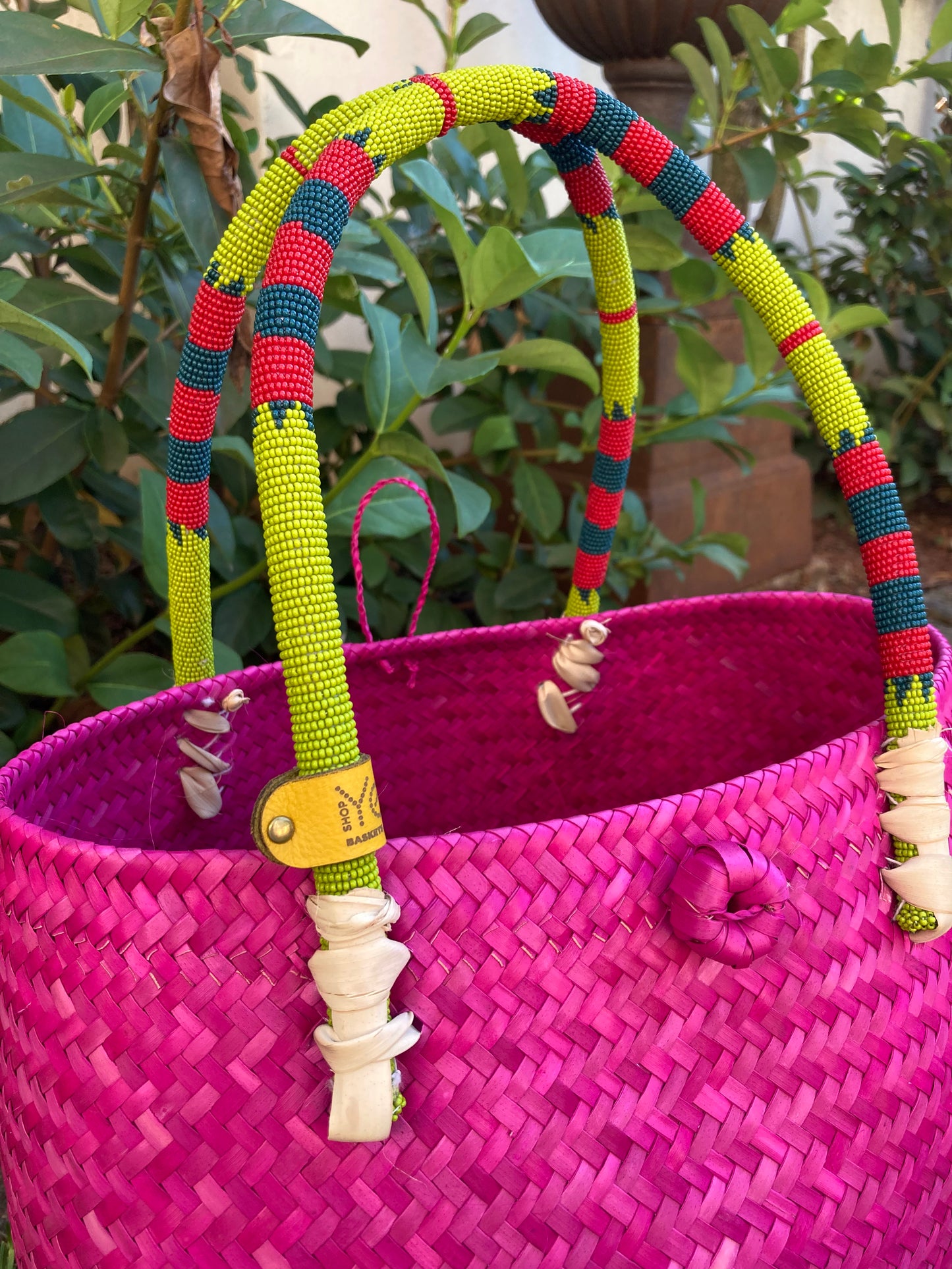 1 Hot Pink Tub basket with beaded handles